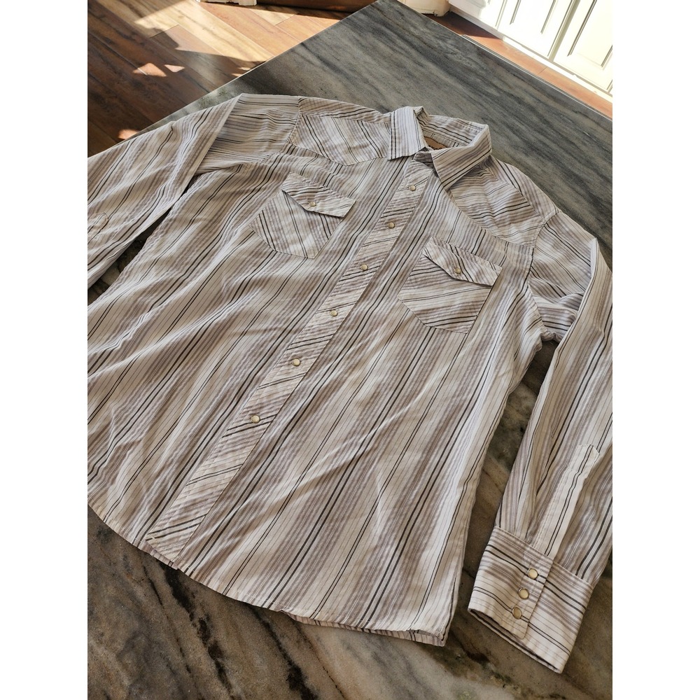 Wrangler Western Shirt Mens L Long Sleeve Striped Pearl Snap Grey White